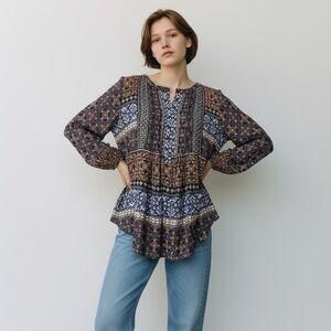 Daniel Rainn Navy and Brown Patterned Blouse